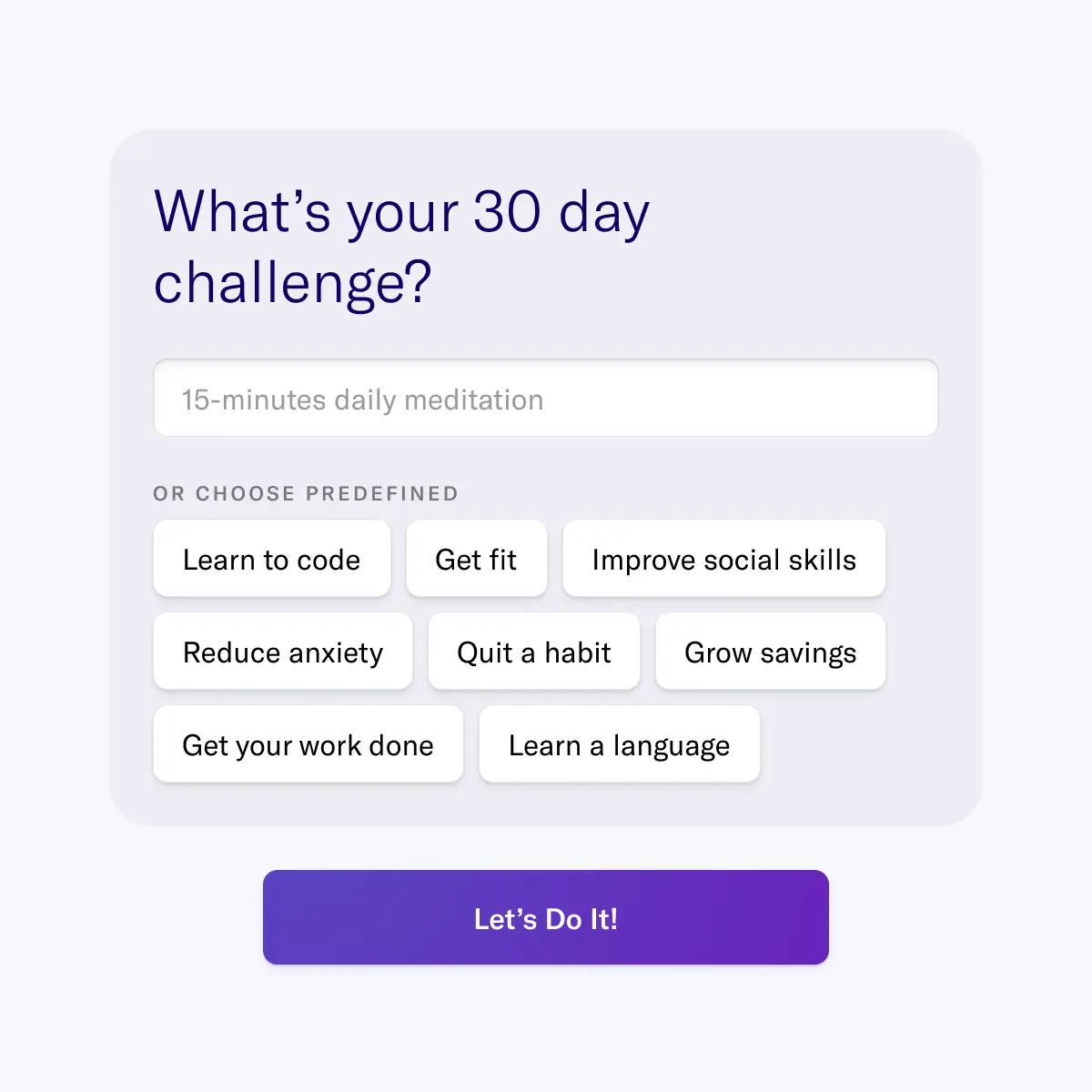 30 day challenge builder start screen - pick your challenge