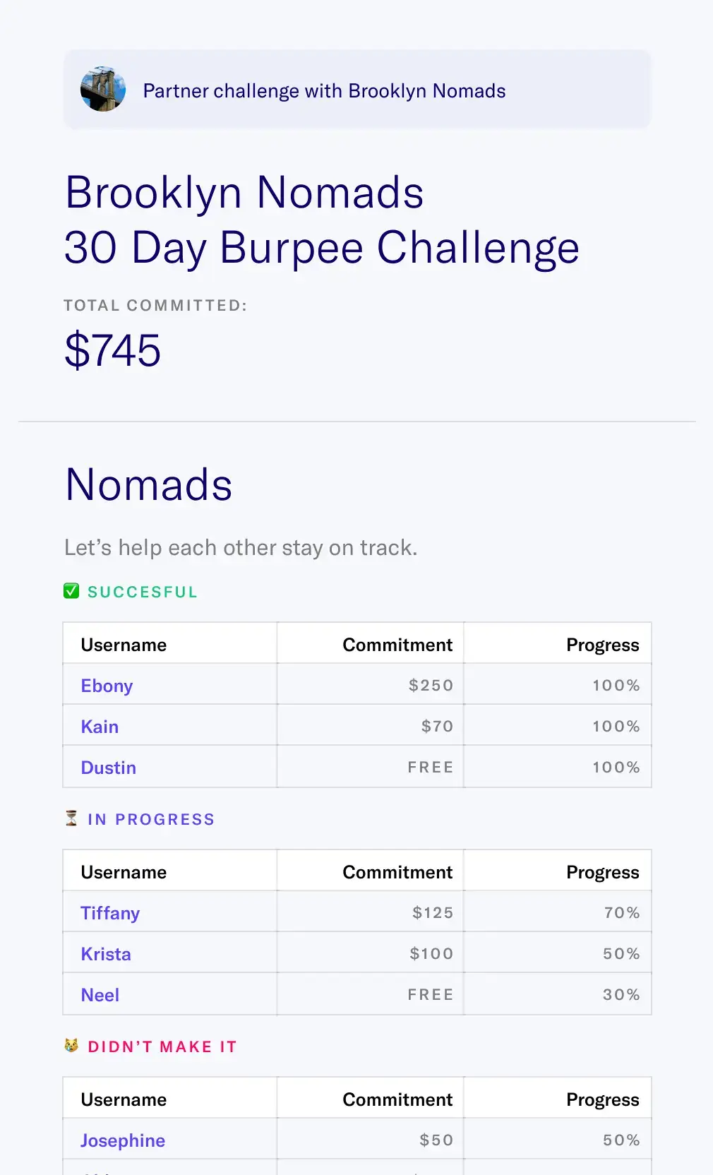 A 30 day challenge done as a community. This group challenge is doing burpees every day