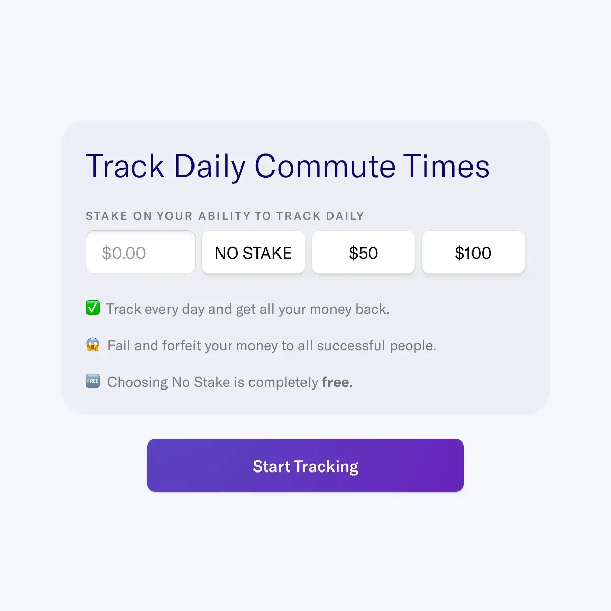 Stake money on your ability to follow through with tracking so you have extra incentive to log your activities each day - alternatively use free and receive all the same features